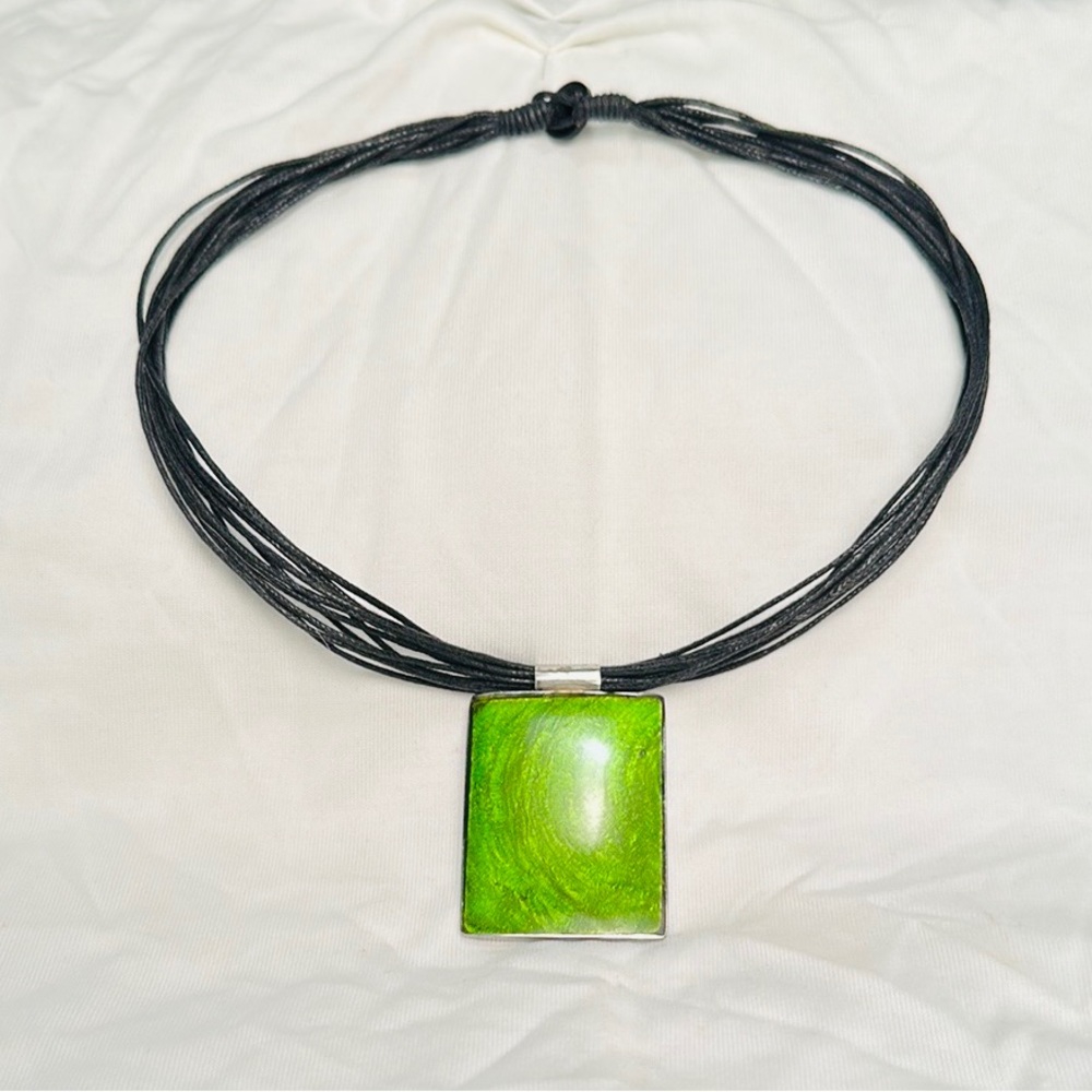 Glass Pendant Green Hand Blown Glass By Local Cambria CA. Artist on Black Rope